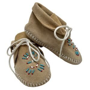 VTG TAOS Baby Infant Deer Skin Leather Moccasins Native Beaded Bird Shoes 9-12mo